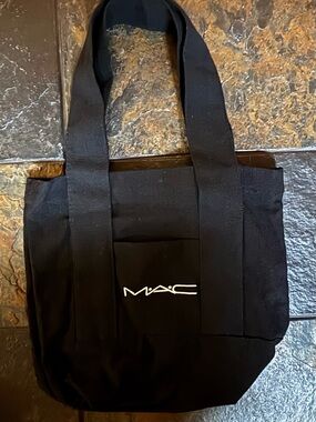 MAC Cosmetics Black Canvas Tote Bag Front Pocket Minimalist Logo